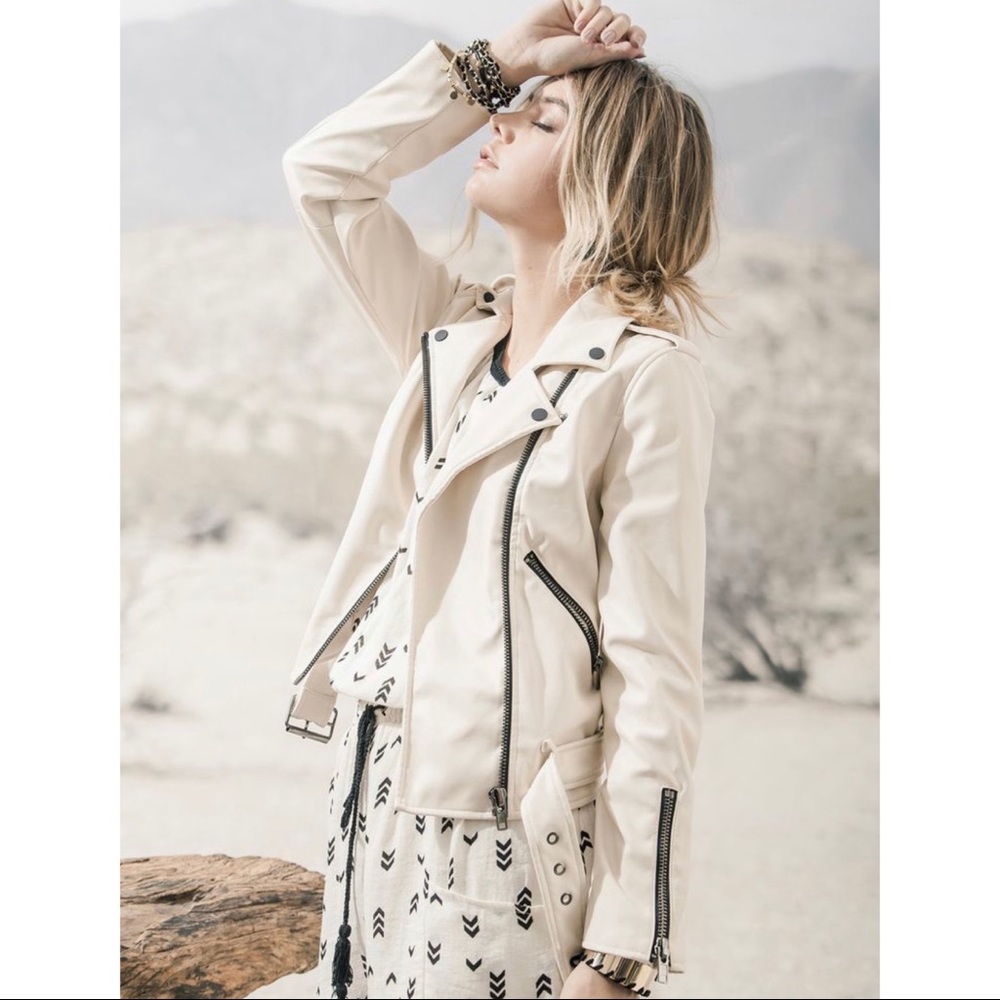 Cream and Matte Black Faux Leather Jacket